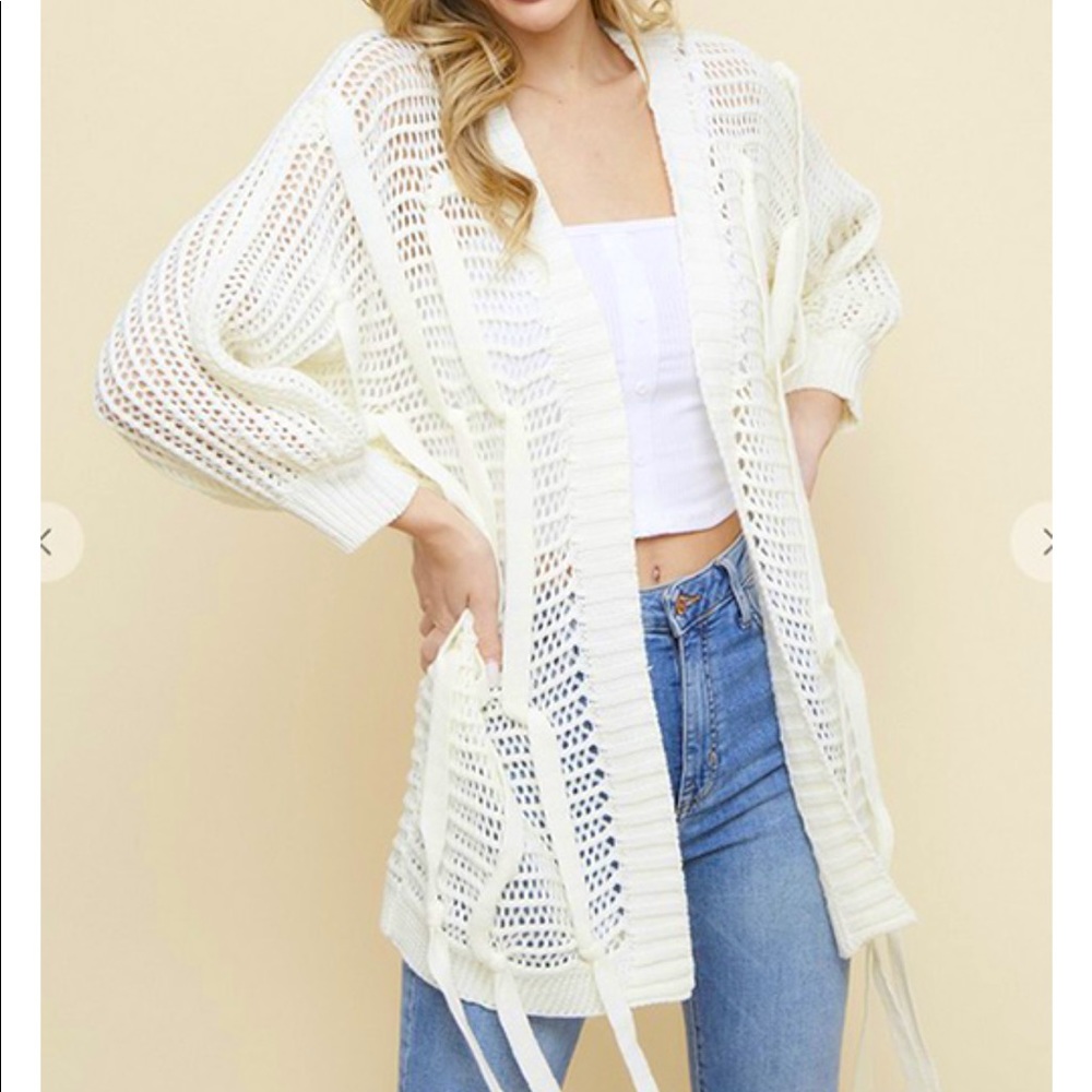 Fishnet Open Cardigan with Shoelace Trim